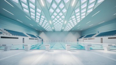 Olimpik yüzme havuzu içi. Boş yüzme havuzu. Antrenman için yüzme havuzu. Kapalı yüzme havuzu. 3d illüstrasyon