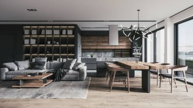 Oturma odasının modern iç tasarımı. Mutfak salonunun iç dekorasyonu çok şık. 3d illüstrasyon