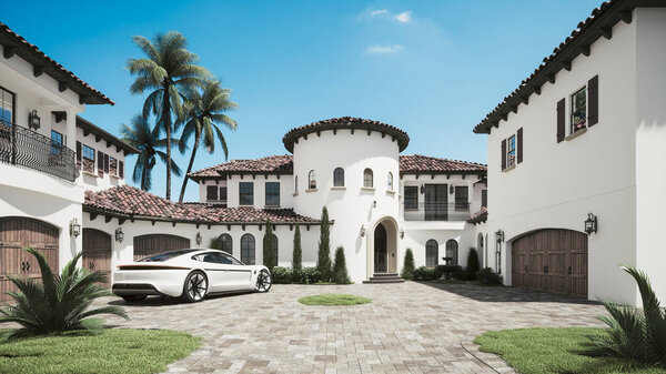 Luxury Villa Car Expensive Car Courtyard Sports Car Luxury House Stock Image