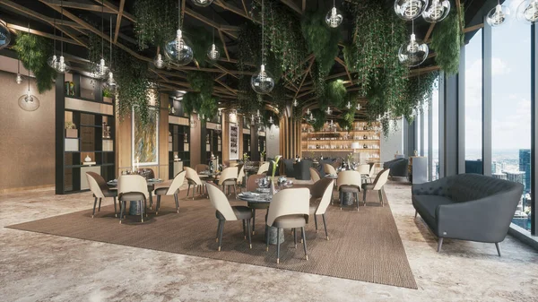 モダンなレストランのインテリア 天井に植物 空のテーブルを持つレストラン 3Dイラスト ロイヤリティフリーのストック画像