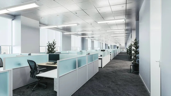 空のオフィススペースのインテリア オフィスにワークステーションを空にします スタイリッシュな現代的なオフィススペース 3Dイラスト ロイヤリティフリーのストック画像