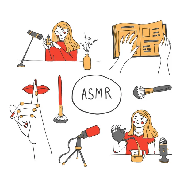 Mujer grabando sonidos ASMR — Vector de stock