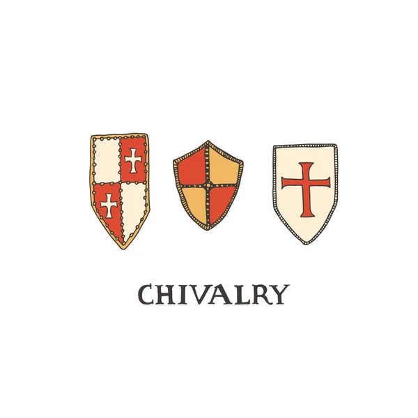 Escudos medievales de caballeros. Concepto de caballería — Vector de stock