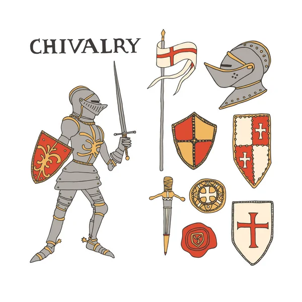 Armadura medieval de caballero. Concepto de caballería y cruzada — Vector de stock