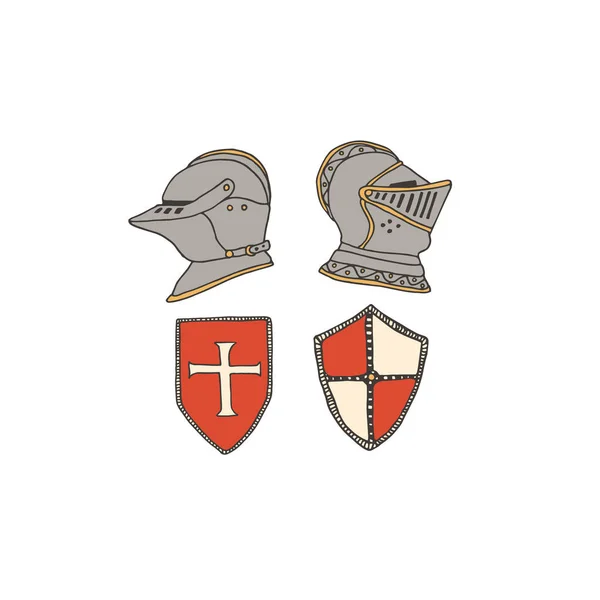 Cascos y escudos medievales de caballero. Concepto de caballería — Vector de stock