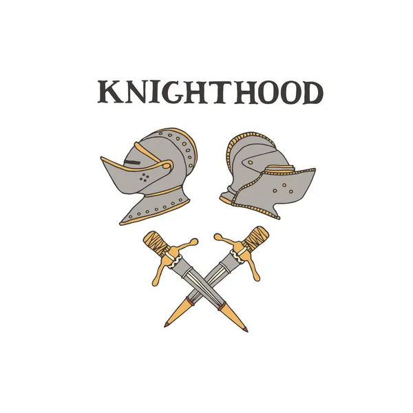 Capacetes de cavaleiro medievais e espadas. Conceito de cavalaria — Vetor de Stock