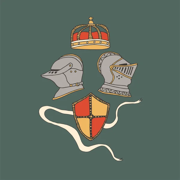 Cascos medievales de caballero. Concepto de caballería — Vector de stock