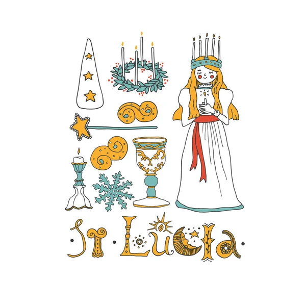 Santa Lucía elementos de celebración del Día conjunto — Vector de stock