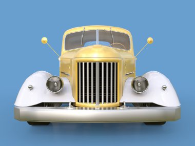 Restore edilmiş eski bir kamyonet. Pick-up tarzı sıcak çubuk. 3D çizim. Altın-beyaz araba mavi bir arka plan üzerinde.