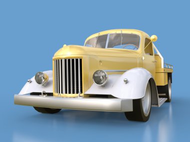 Restore edilmiş eski bir kamyonet. Pick-up tarzı sıcak çubuk. 3D çizim. Altın-beyaz araba mavi bir arka plan üzerinde.