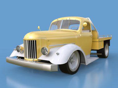 Restore edilmiş eski bir kamyonet. Pick-up tarzı sıcak çubuk. 3D çizim. Altın-beyaz araba mavi bir arka plan üzerinde.