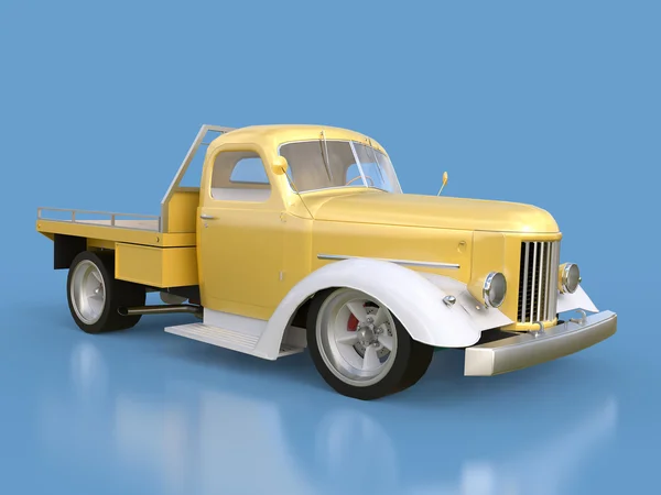 Παλιό αναπαλαιωμένο pickup. Pick-up στο στυλ του hot rod. 3D απεικόνιση. Χρυσή-άσπρο αυτοκίνητο σε μπλε φόντο. — Φωτογραφία Αρχείου