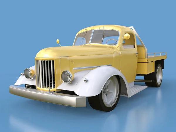 Alter restaurierter Pickup. Pick-up im Stil von Hot Rod. 3D-Illustration. goldweißes Auto auf blauem Hintergrund. — Stockfoto