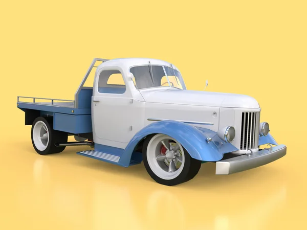 Przywrócono pickup. Odbiór w stylu hot rod. ilustracja 3D. Biały i niebieski samochód na żółtym tle. — Zdjęcie stockowe