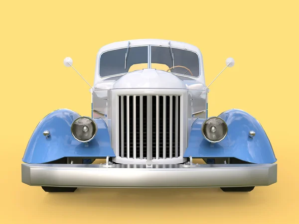 Vieux pick-up restauré. Ramasser dans le style de hot rod. Illustration 3D. Voiture blanche et bleue sur fond jaune . — Photo