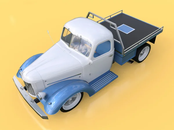 Alter restaurierter Pickup. Pick-up im Stil von Hot Rod. 3D-Illustration. weißes und blaues Auto auf gelbem Hintergrund. — Stockfoto