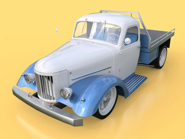 Vecchio pick-up restaurato. Pick-up in stile hot rod. Illustrazione 3d. Auto bianca e blu su sfondo giallo . — Foto Stock