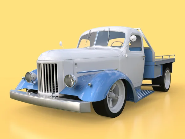 Alter restaurierter Pickup. Pick-up im Stil von Hot Rod. 3D-Illustration. weißes und blaues Auto auf gelbem Hintergrund. — Stockfoto