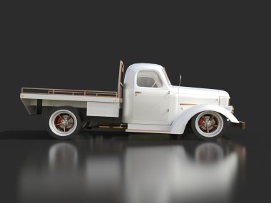 Restore edilmiş eski bir kamyonet. Pick-up tarzı sıcak çubuk. 3D çizim. Siyah bir zemin üzerine beyaz araba.