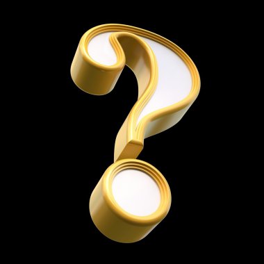 Altın soru işareti. Siyah arka plan üzerine izole. 3D render.