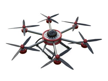 Beyaz bir arka plan üzerinde izole kırmızı ve gri hexacopter. 3D çizim.