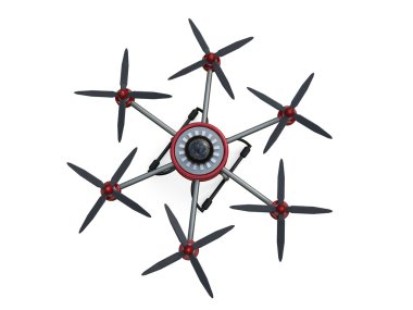 Beyaz bir arka plan üzerinde izole kırmızı ve gri hexacopter. 3D çizim.