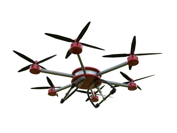 Hexacóptero rojo y gris aislado sobre fondo blanco. ilustración 3d . —  Fotos de Stock