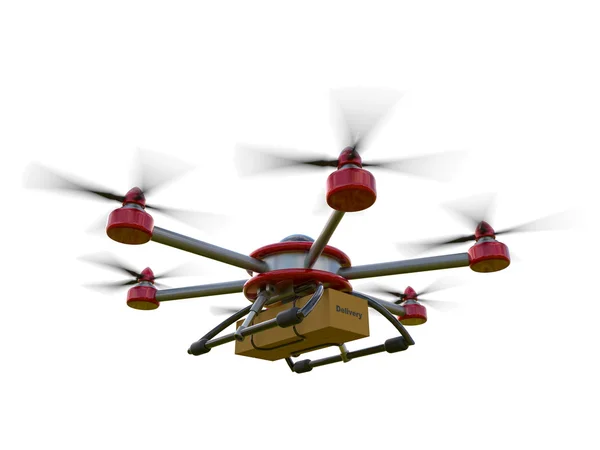 Beyaz bir arka plan üzerinde izole kırmızı ve gri hexacopter. Eve nakliye. Uçan kurye. 3D çizim. — Stok fotoğraf
