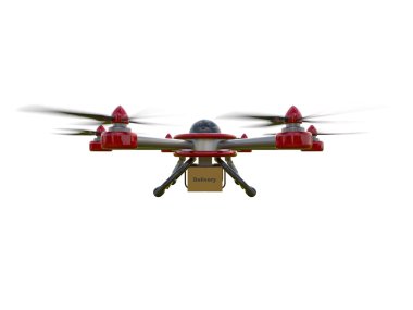 Beyaz bir arka plan üzerinde izole kırmızı ve gri hexacopter. Eve nakliye. Uçan kurye. 3D çizim.