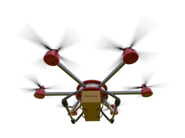 Beyaz bir arka plan üzerinde izole kırmızı ve gri hexacopter. Eve nakliye. Uçan kurye. 3D çizim.