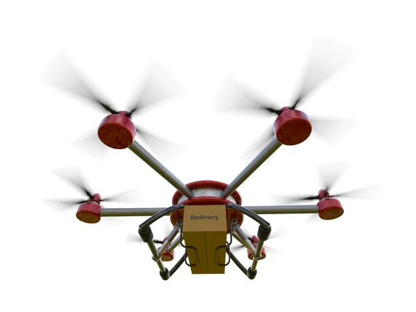 Beyaz bir arka plan üzerinde izole kırmızı ve gri hexacopter. Eve nakliye. Uçan kurye. 3D çizim. — Stok fotoğraf