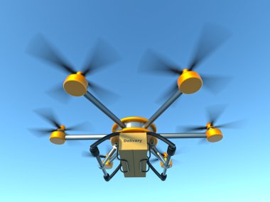 Sarı ve gri hexacopter. Eve nakliye. Uçan kurye. 3D çizim.