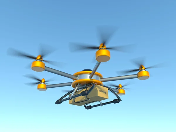 Hexacopter jaune et gris. Expédition chez nous. Courrier volant. Illustration 3d . — Photo