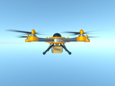 Sarı ve gri hexacopter. Eve nakliye. Uçan kurye. 3D çizim.