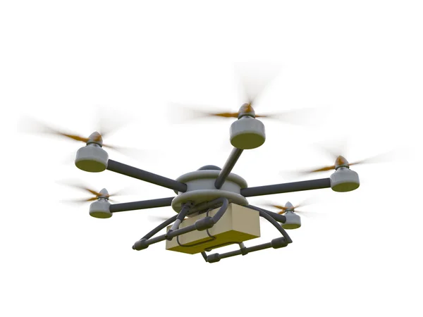 Gri hexacopter. Eve nakliye. Uçan kurye. 3D çizim. — Stok fotoğraf