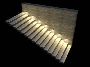Modern merdiven arkadan aydınlatmalı adımları ile. Yumuşak gece aydınlatma. 3D çizim.