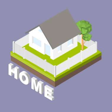 İzometrik 3d simgesi. Beyaz bir çit ve ağaçlar ile sembollerin evi. Vektör çizim eps 10