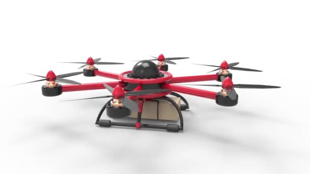 El dron rojo entrega la mercancía. Hexacóptero rojo diseñado para llevar. La entrega futura de bienes. La cámara vuela alrededor del objeto en círculo, en sentido contrario a las agujas del reloj . — Vídeos de Stock