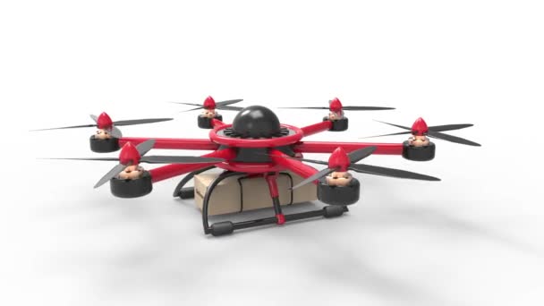 Red drone delivers the goods. Red hexacopter designed to carry. The future delivery of goods. The camera flies around the object in a circle, clockwise. — Stock Video