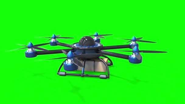 Le drone bleu livre la marchandise. Hexacopter conçu pour transporter. La caméra vole autour de l'objet en cercle, dans le sens contraire des aiguilles d'une montre. Fond vert pour la vidéo . — Video