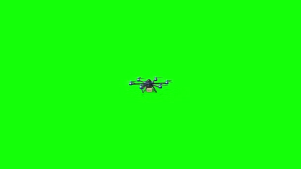 El dron azul entrega la mercancía. Hexacopter diseñado para llevar. La cámara vuela hasta un dron a corta distancia. Fondo verde para vídeo . — Vídeo de stock