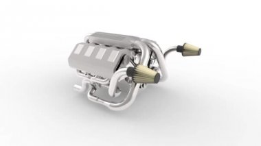 Bir turbo ile otomotiv v8 motoru. Beyaz izole arka plan üzerinde nesne. Kamera motorun sinekler.