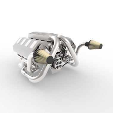 Parlak büyük otomotiv V8 motoru ile bir turbo. 3D render.