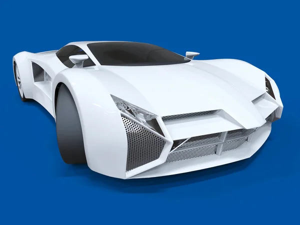 Koncepcyjne szybki biały sportowy samochód. Niebieskie tło uniform. Odblaski i miększych cieniach. renderowania 3D. — Zdjęcie stockowe