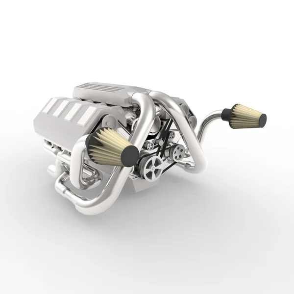 Brilhante grande motor V8 automotivo com um turbocompressor. Renderização 3d . — Fotografia de Stock