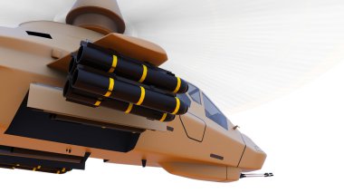 Beyaz bir arka plan üzerinde modern Ordusu Helikopter uçuş silah tam kadro ile. 3D çizim.