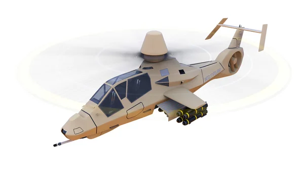 Helicóptero moderno del ejército en vuelo con un completo complemento de armas sobre un fondo blanco. ilustración 3d . —  Fotos de Stock