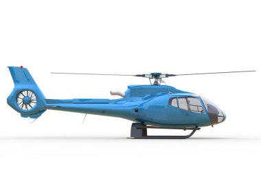 Beyaz üniforma zemin üzerinde mavi sivil helikopter. 3D çizim.