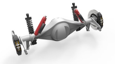 Arka aks derleme karşı süspansiyon ve fren. Kırmızı tamponlar. 3D çizim.