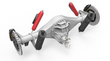 Arka aks derleme karşı süspansiyon ve fren. Kırmızı tamponlar. 3D çizim.